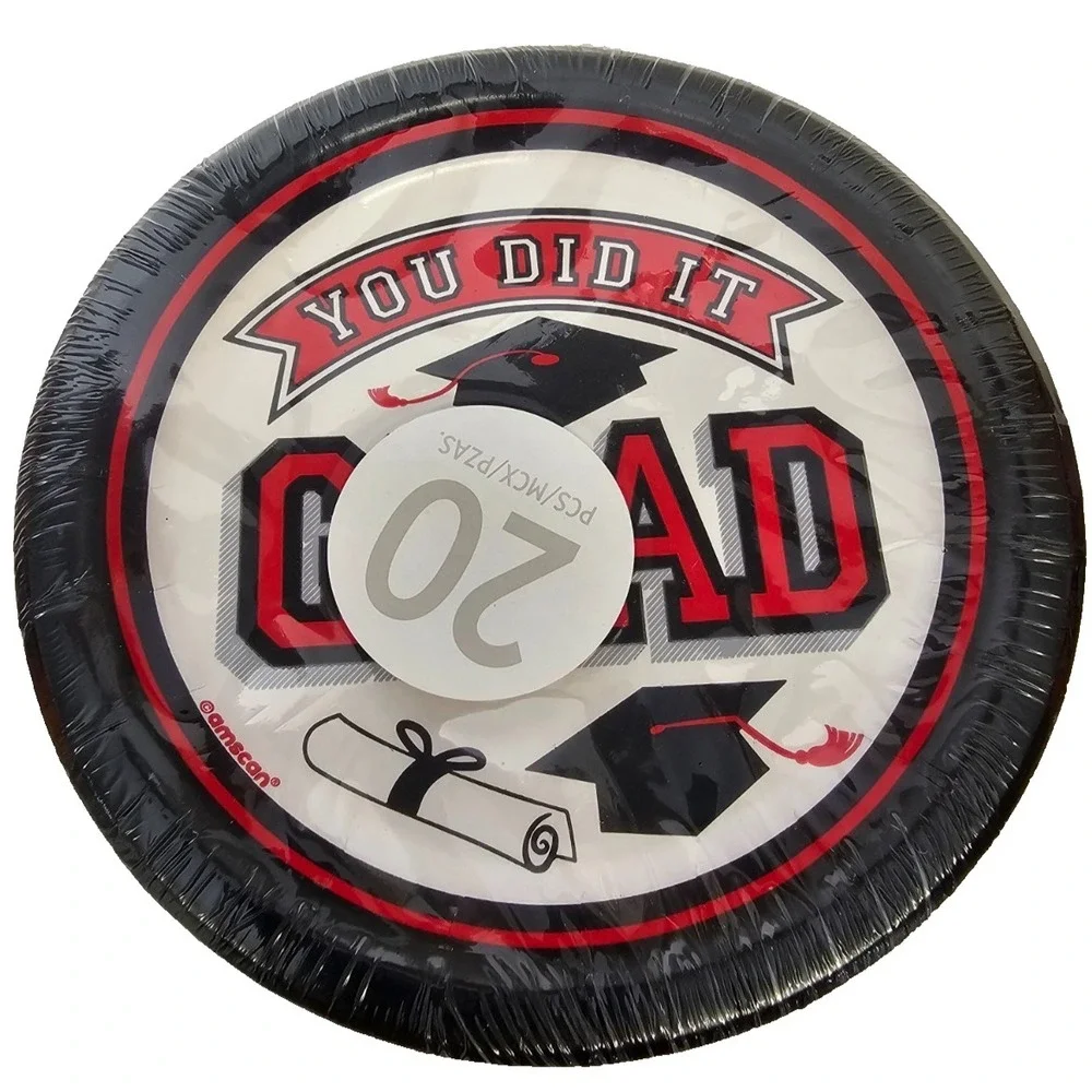 You Did It Grad red and black graduation party dessert size paper plates ct 20